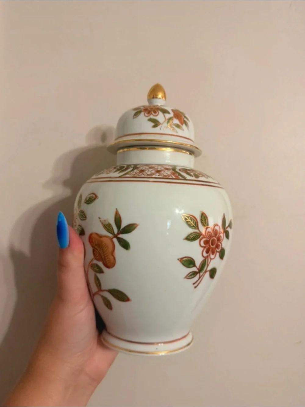 Japan Hand-Painted Floral Porcelain Ginger Jar - White with Orange & Green